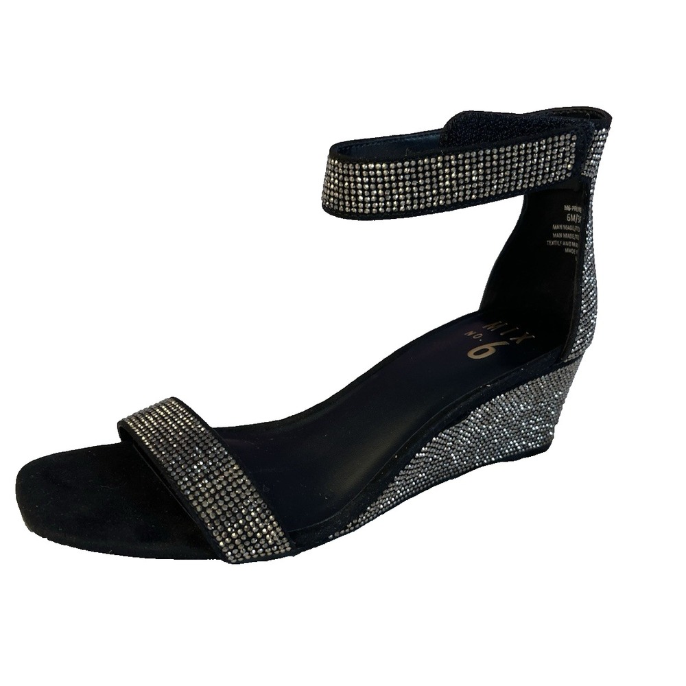 mix no.6 womens open toe low glitzy glam wedge black micro-suede‎ size 6